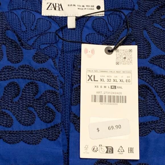 Zara Womens NWT Embroidered Short Dress Tunic Cobalt Blue XL Bloggers Fave BOHO - Picture 5 of 14